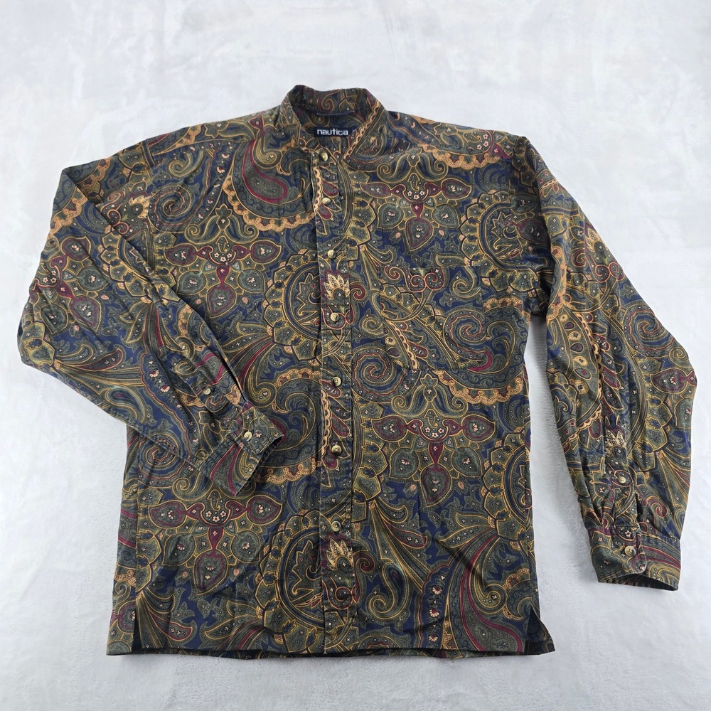 Nautica Mens Shirt XL Paisley Banded Collar 100% Cotton Long Sleeve